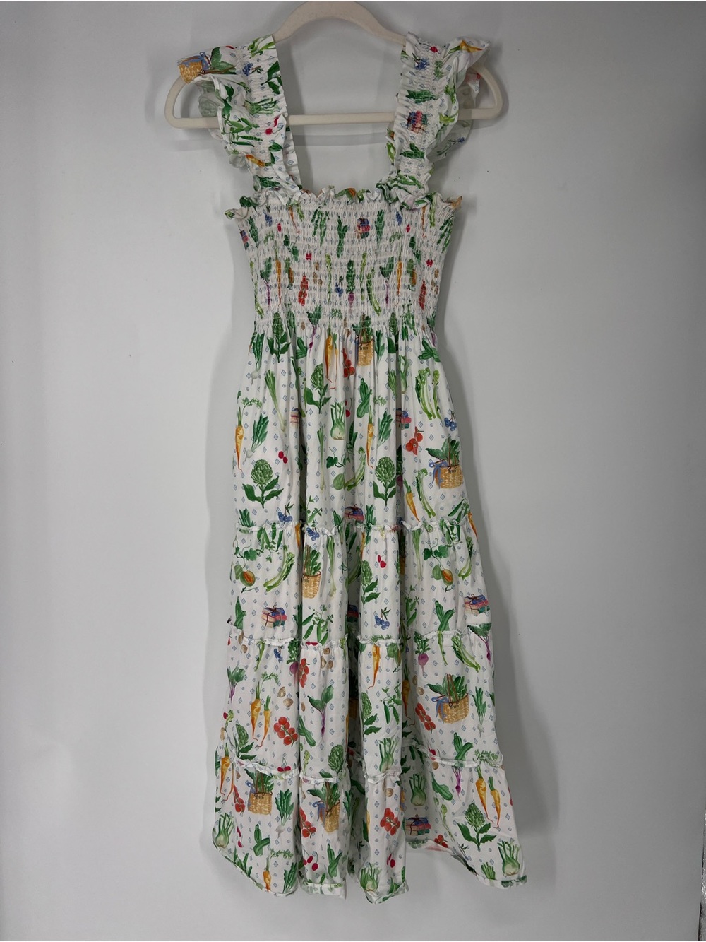 Hill House White Colorful Floral Vegetable Garden Smocked Ruffle Midi Sundress M